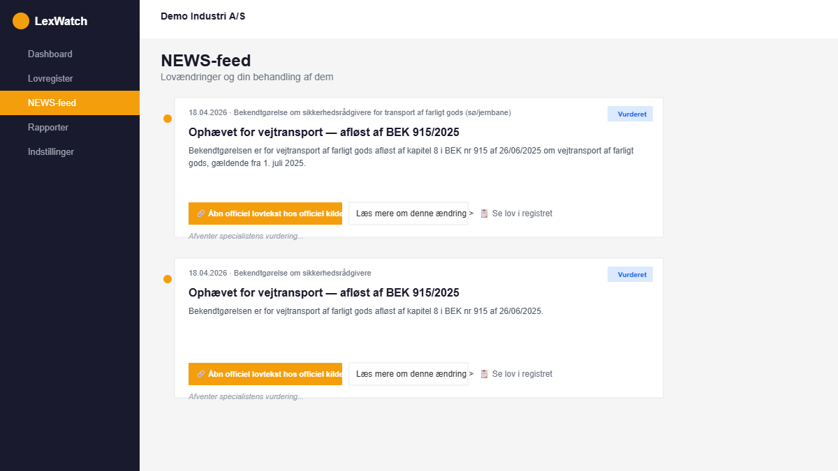 automotive LexWatch NEWS-feed — lovændringer og compliance-vurderinger